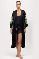 Silk Dreamscape Long Kimono Robe Black Flower