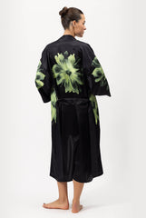 Silk Dreamscape Long Kimono Robe Black Flower
