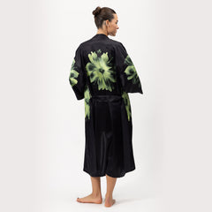 Silk Dreamscape Long Kimono Robe Black Flower
