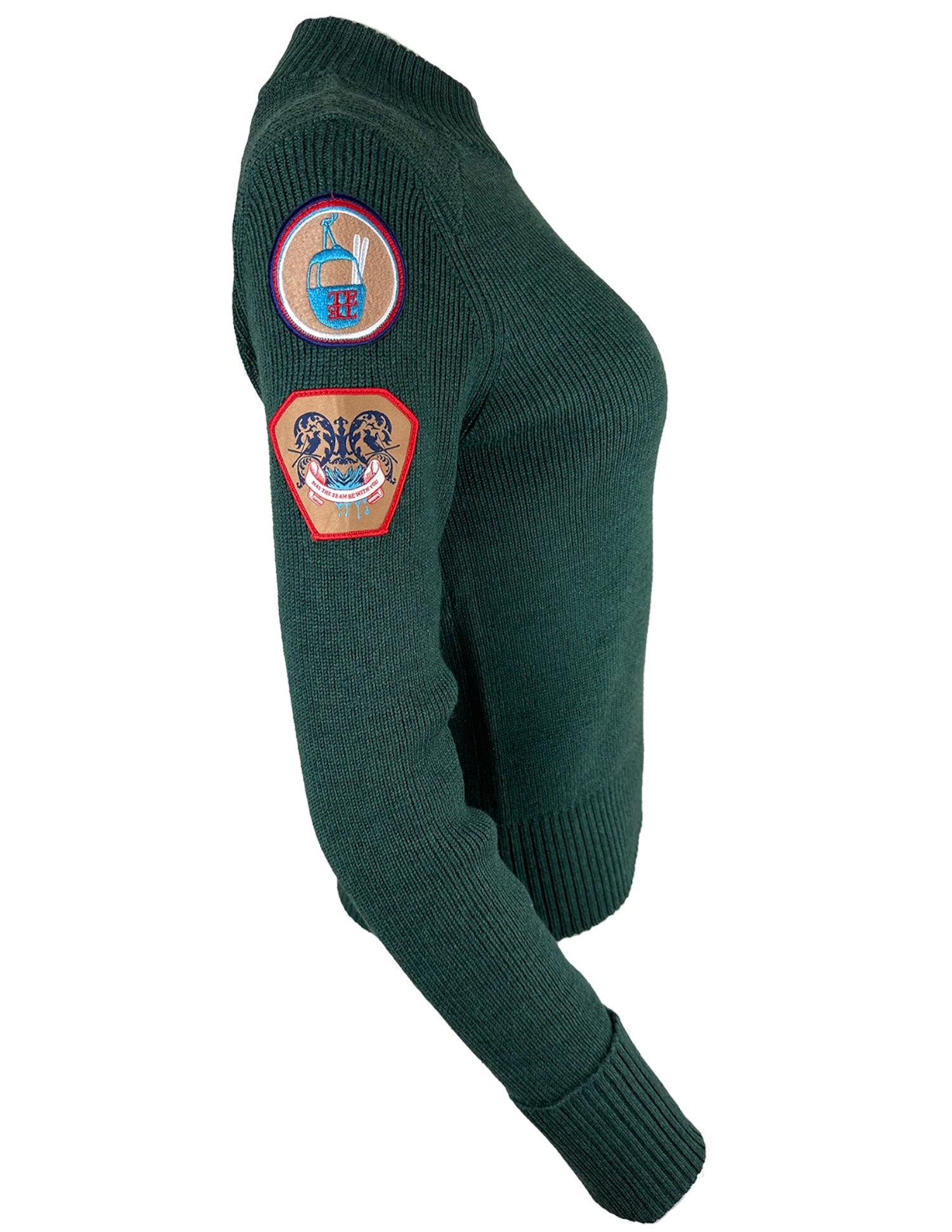 "Snow Cat" Embroidered and Decorated Rib Sweater Color: Spruce Green