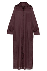 Linen Voile Button-Down Long Shirt Dress Restorative Brown