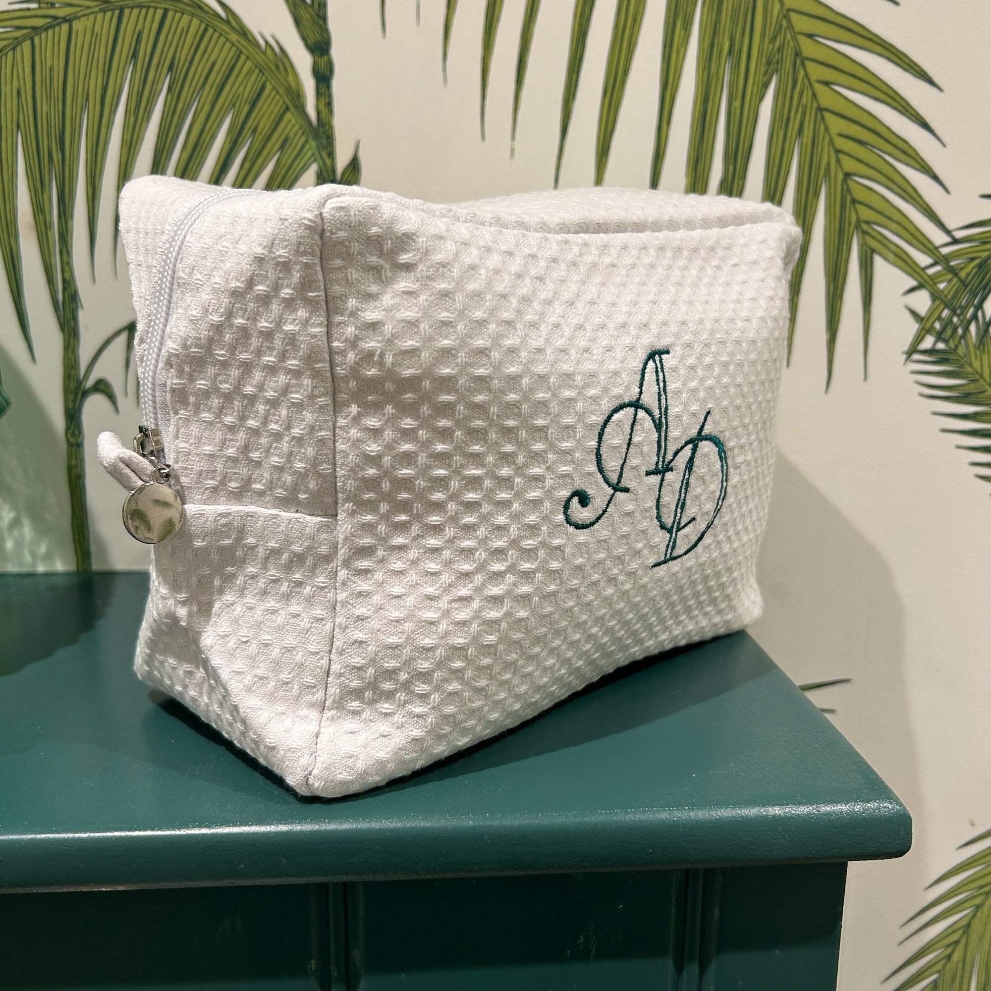 Monogramed White Waffle Weave Make Up Bag
