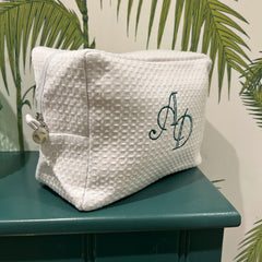 Monogramed White Waffle Weave Make Up Bag