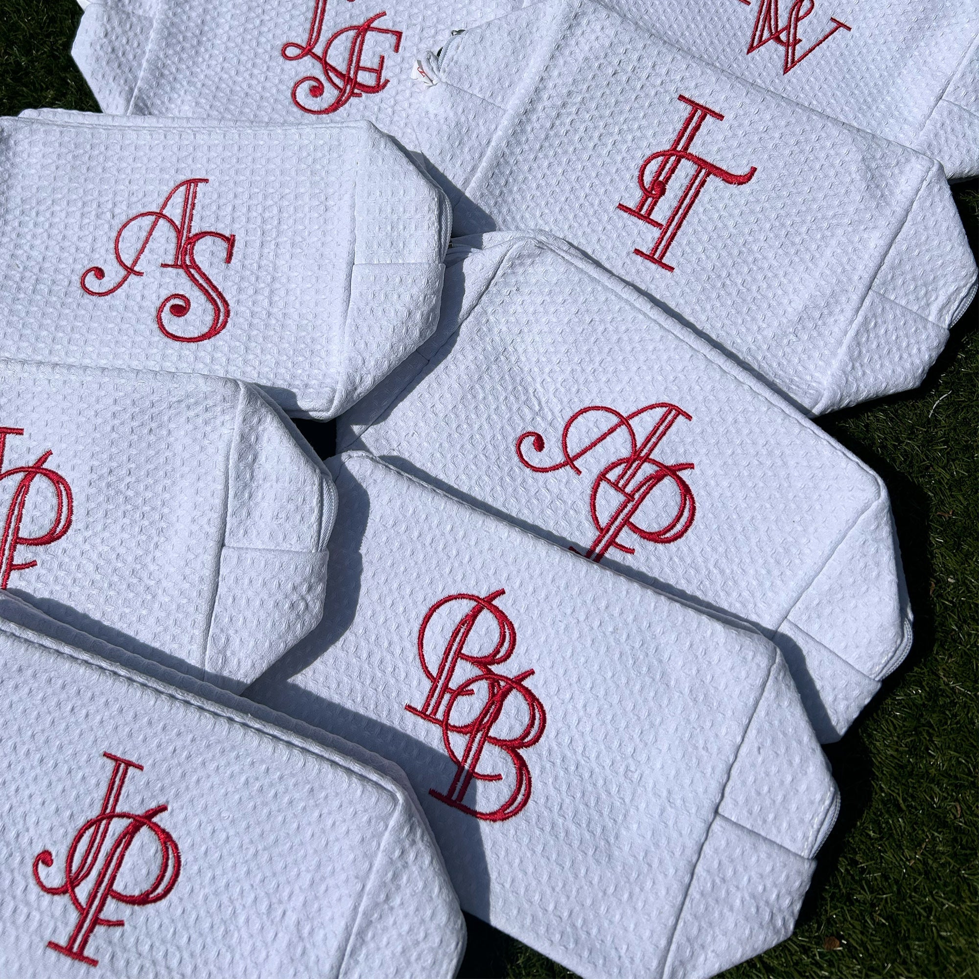 Monogramed White Waffle Weave Make Up Bag