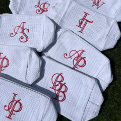 Monogramed White Waffle Weave Make Up Bag