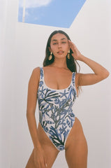 Elenora Hand Beaded One Piece Blue White Swimsuit