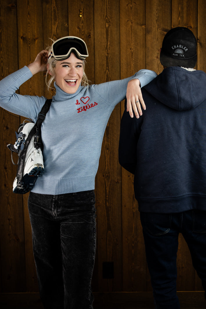 "I 'Heart' Lifties" Embroidered Turtleneck, Color: Cornice Blue