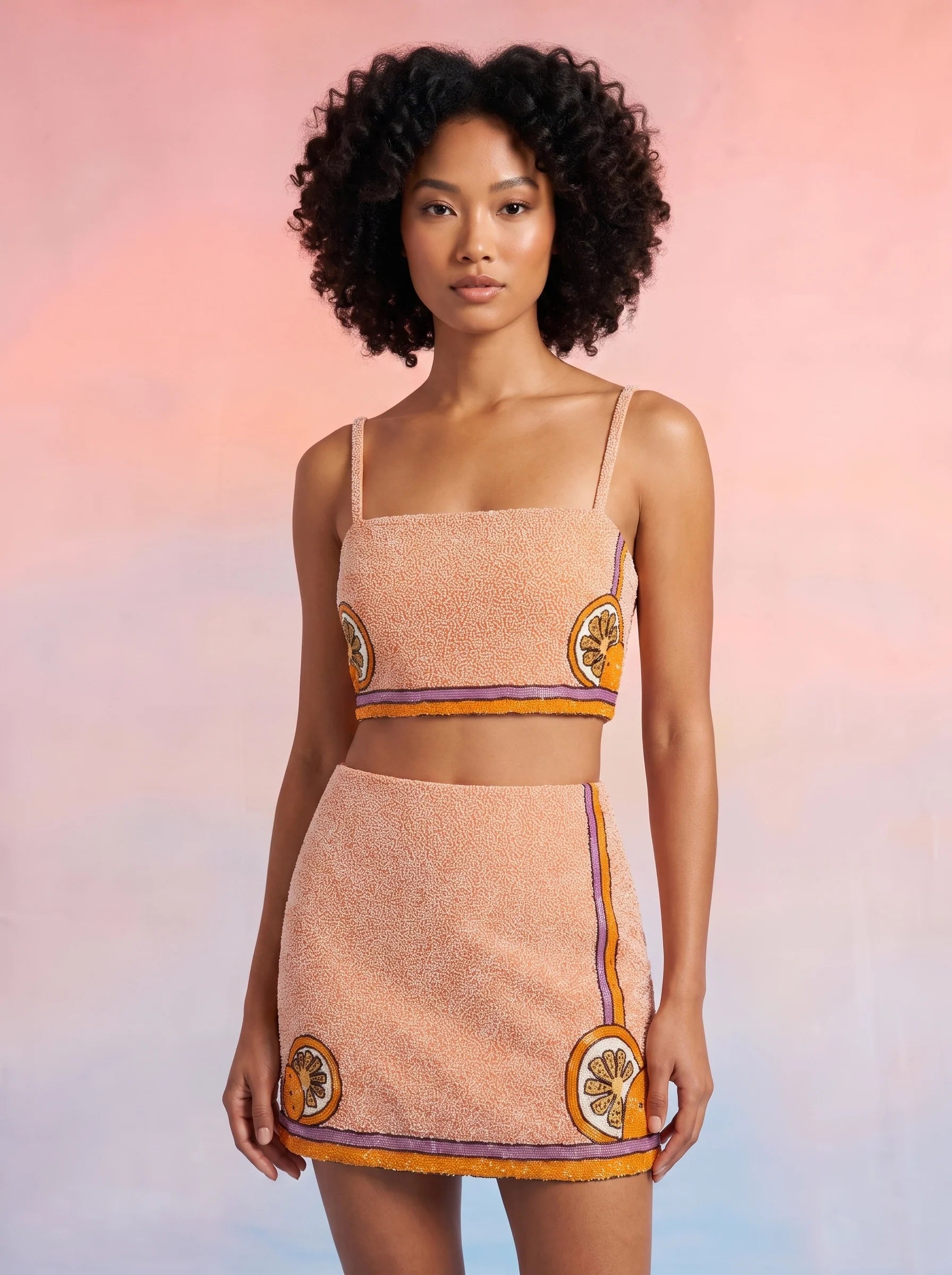 Melodie Co-Ord Hand Embroidered Crystal Top Peach