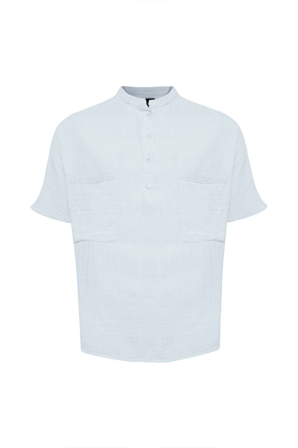 Linen Mandarin Half Neck Button Two Chest Pocket Shirt Blue