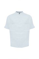 Linen Mandarin Half Neck Button Two Chest Pocket Shirt Blue