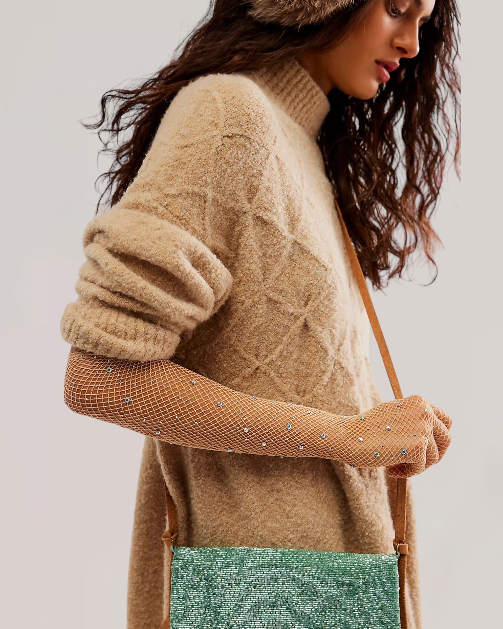 Glitter Fishnet Opera Glove - Nude
