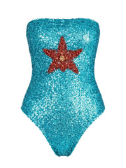 Chrissy Hand Embroidered Sequin Swimsuit in Blue