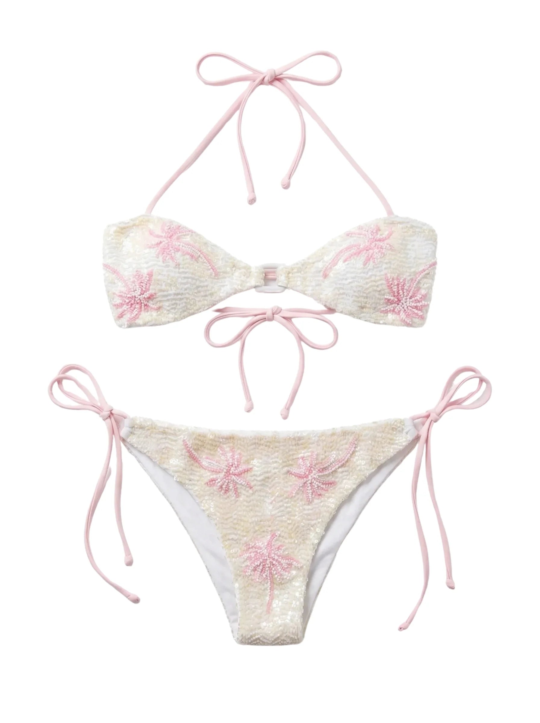 Pink Palm Whisper Ivory Bikini Top