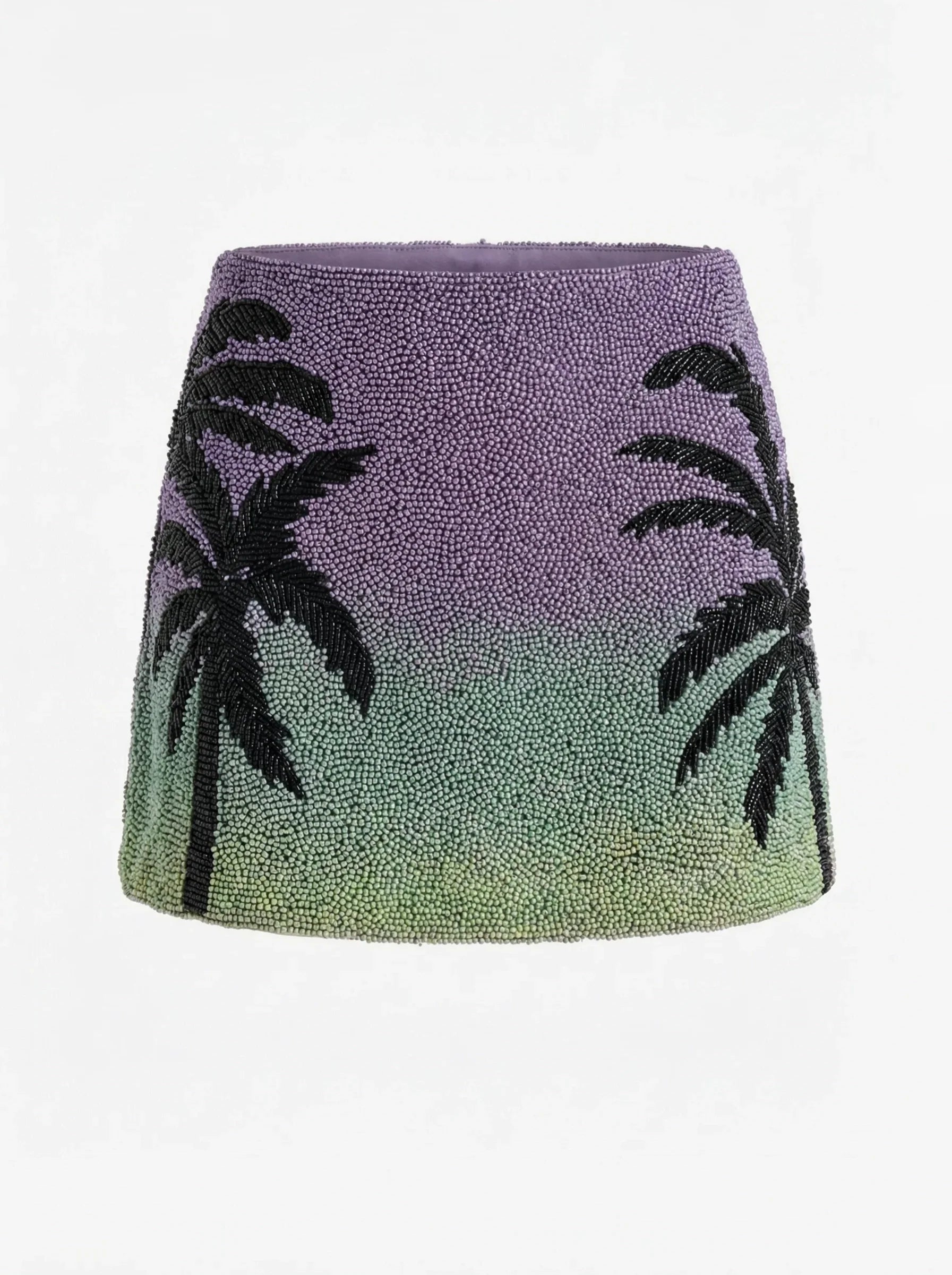 Palm Dusk Beaded Mini Skirt Black Palm Tree - Green Ombre
