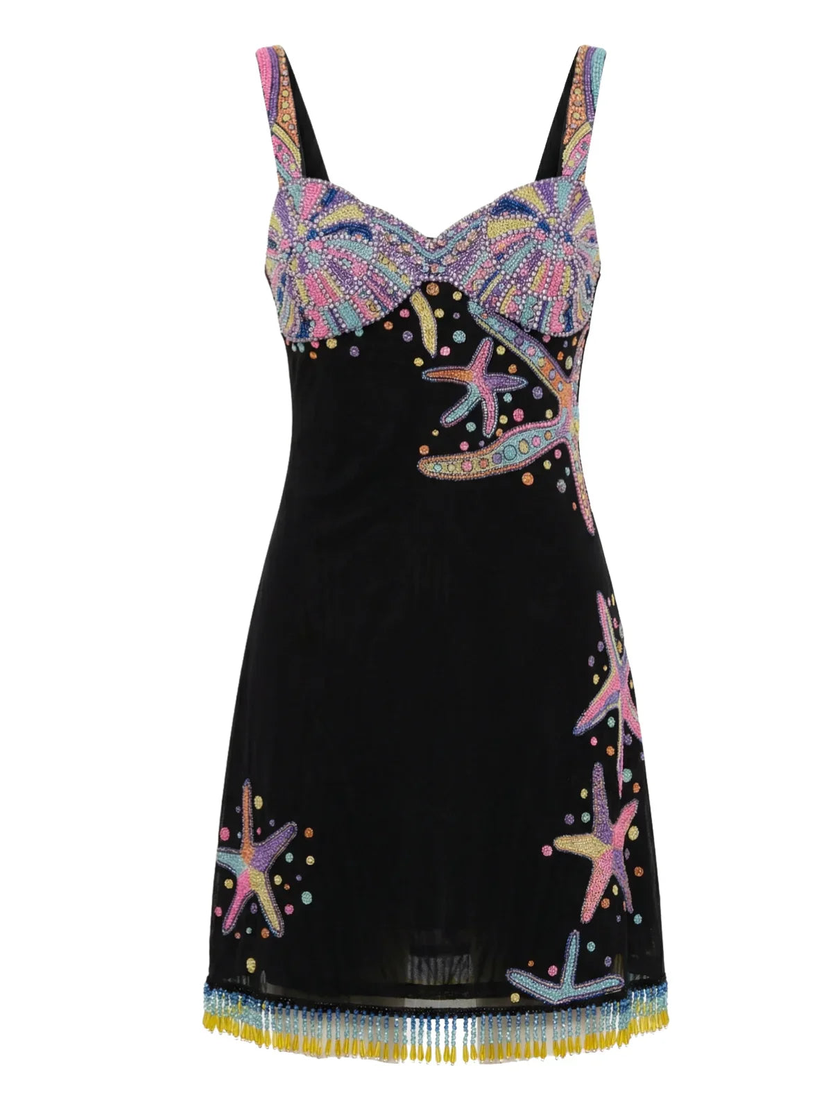 Tasseled Crescent Shell Mini Dress - Black in Stock