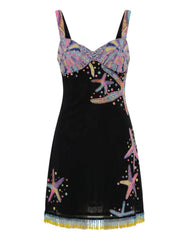 Tasseled Crescent Shell Mini Dress - Black in Stock