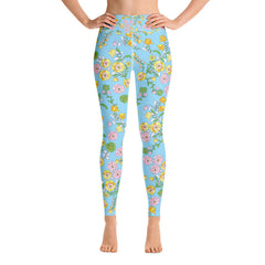 High Waist Yoga Leggings in Blue Garden