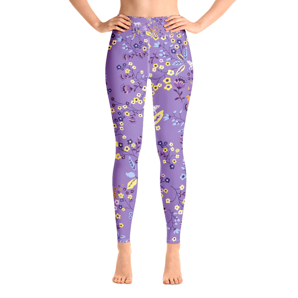 High Waist Yoga Leggings in Purple Garden