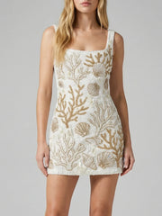 Coral Muse White and Gold Beaded Mini Dress
