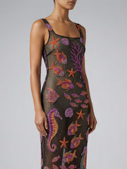 Coraline Red Black Long Sheer Dress