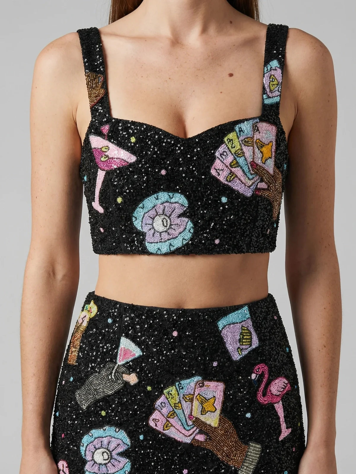 Vegas Beaded Mini Black Party Beach Co-Ord Top
