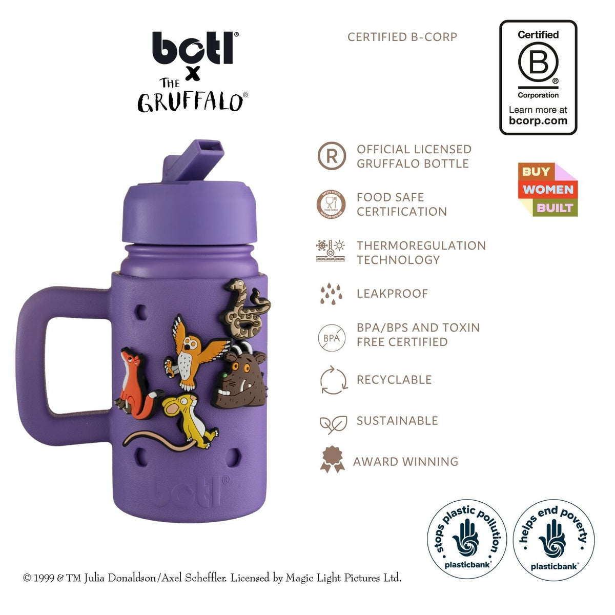 Personalised Gruffalo Purple Epic Jug Canteen | 400ml Kids Water Bottle With Charms