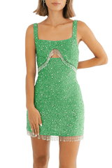 Posy Green Beaded Tasseled Mini Dress