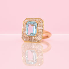18 CT Yellow Gold 3.3CT Aquamarine and Baguette Diamond Cluster Ring