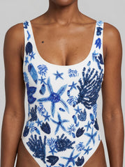 Sea Horse One Piece Blue White Swimsuit