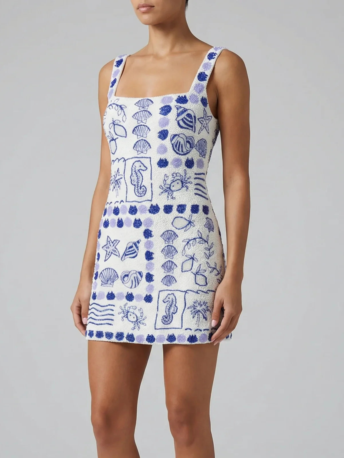 Marie Sea Dress White Blue Beaded
