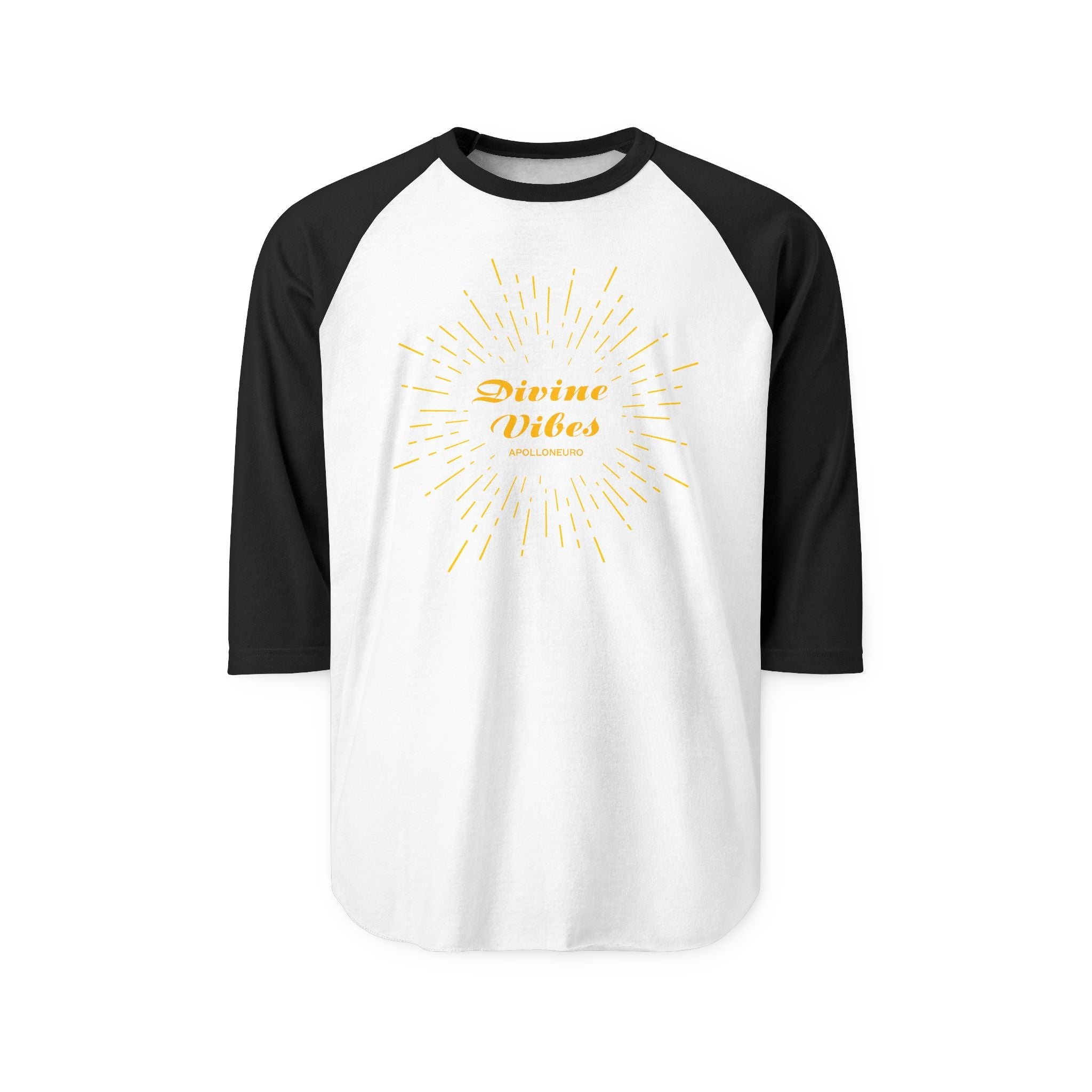 Divine Vibes Raglan Shirt — Gold Sunburst 3/4 Sleeve Baseball Tee