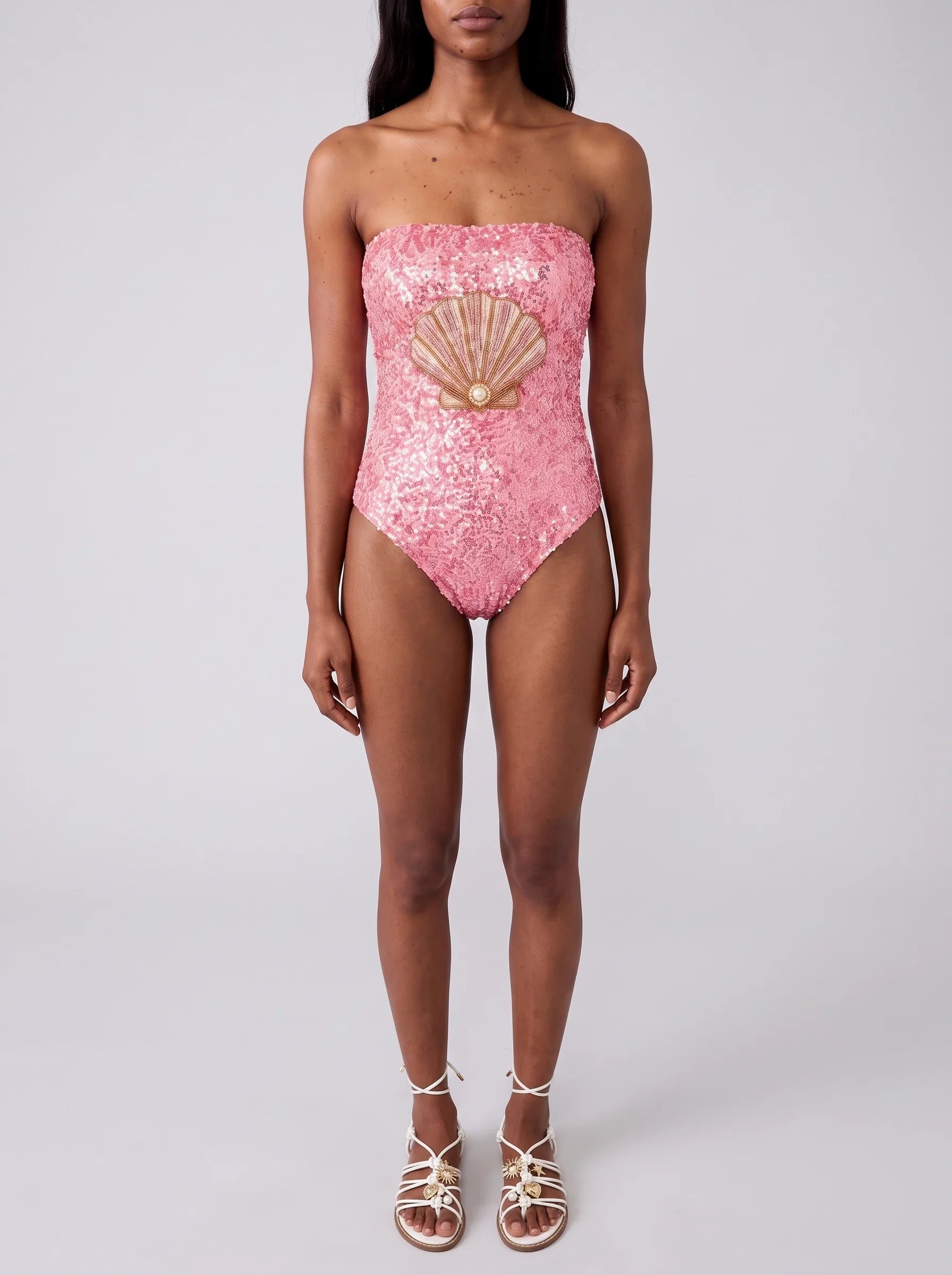 Pink Shell Half Beaded Strapless Swimsuit