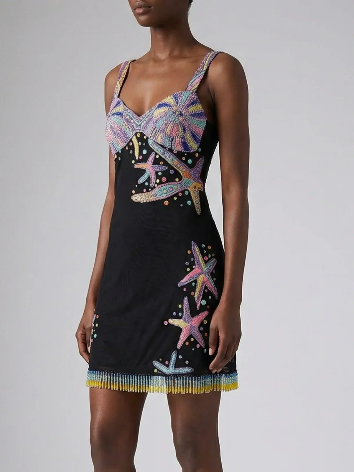 Tasseled Crescent Shell Mini Dress - Black in Stock