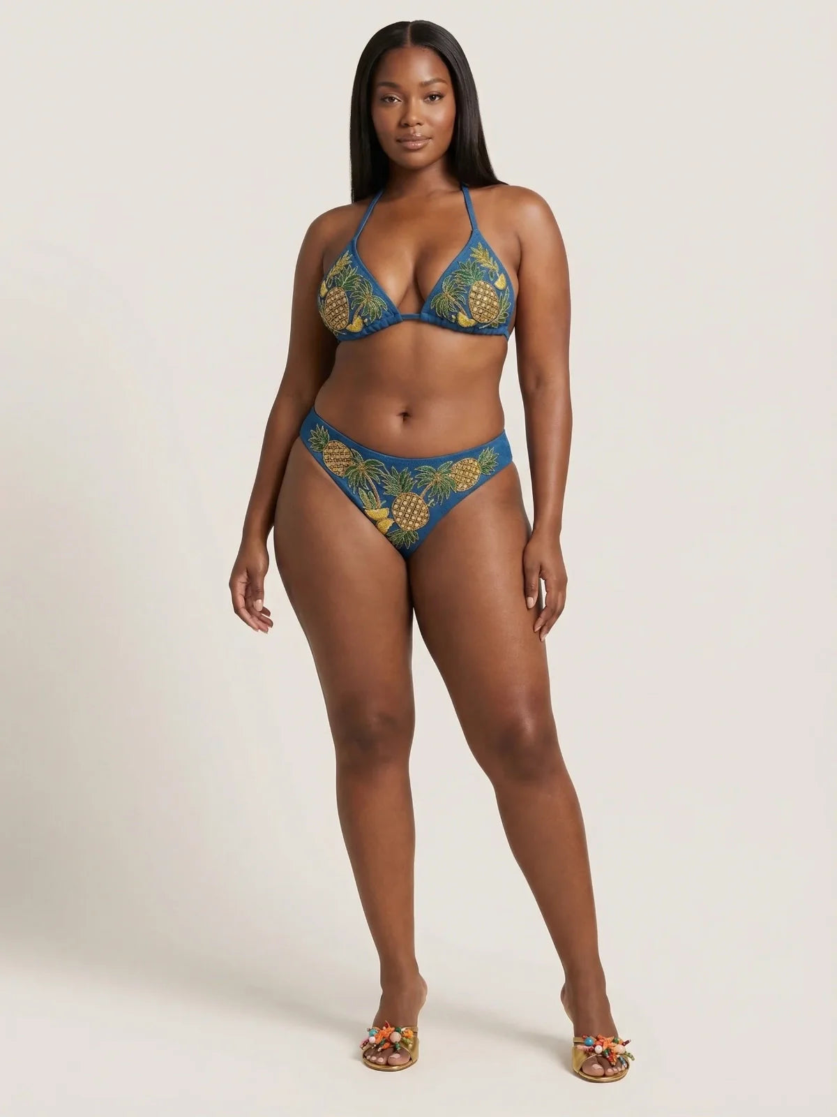 Tropical Pineapple Beaded Bikini Bottom in Blue