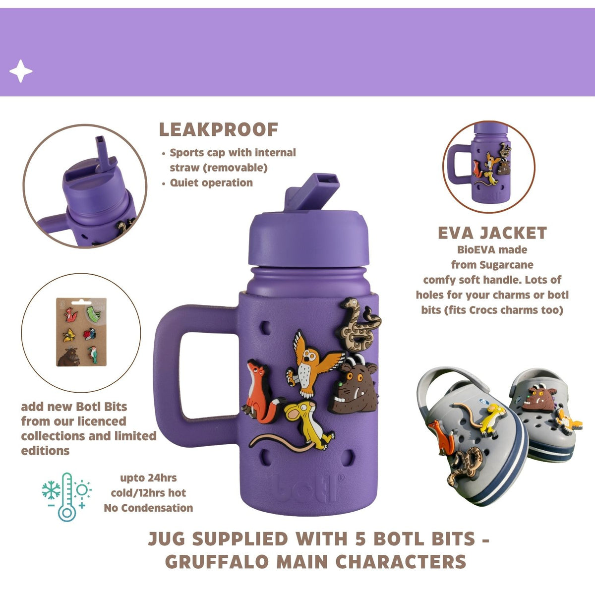 Personalised Gruffalo Purple Epic Jug Canteen | 400ml Kids Water Bottle With Charms