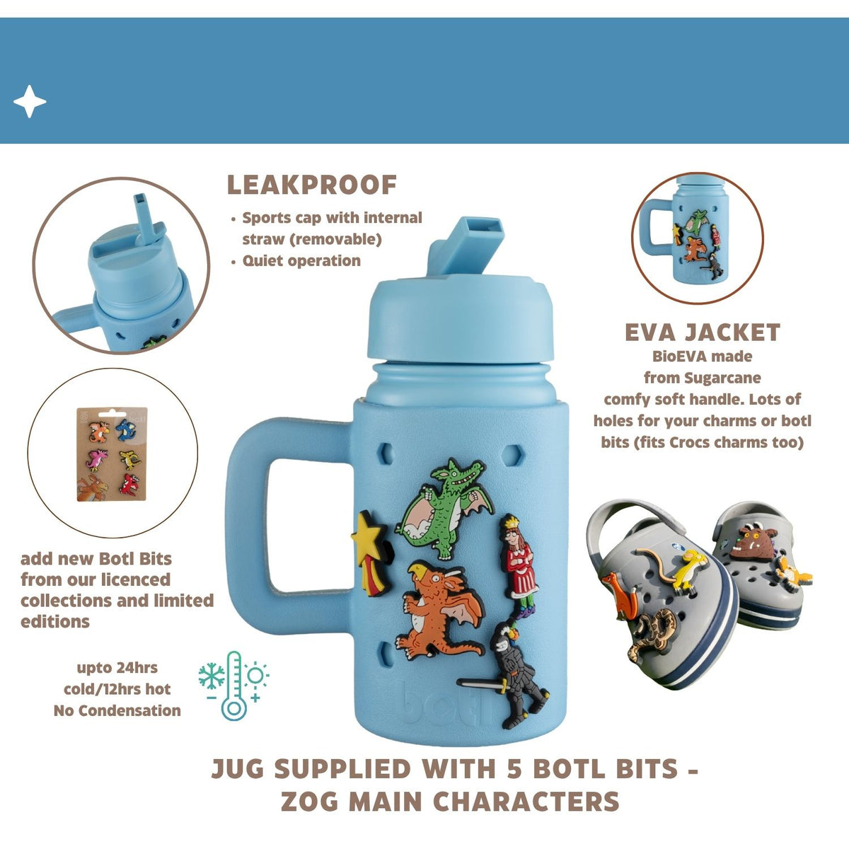 Personalised Zog Blue Kids Water Bottle | 400ml Epic Jug With Charms