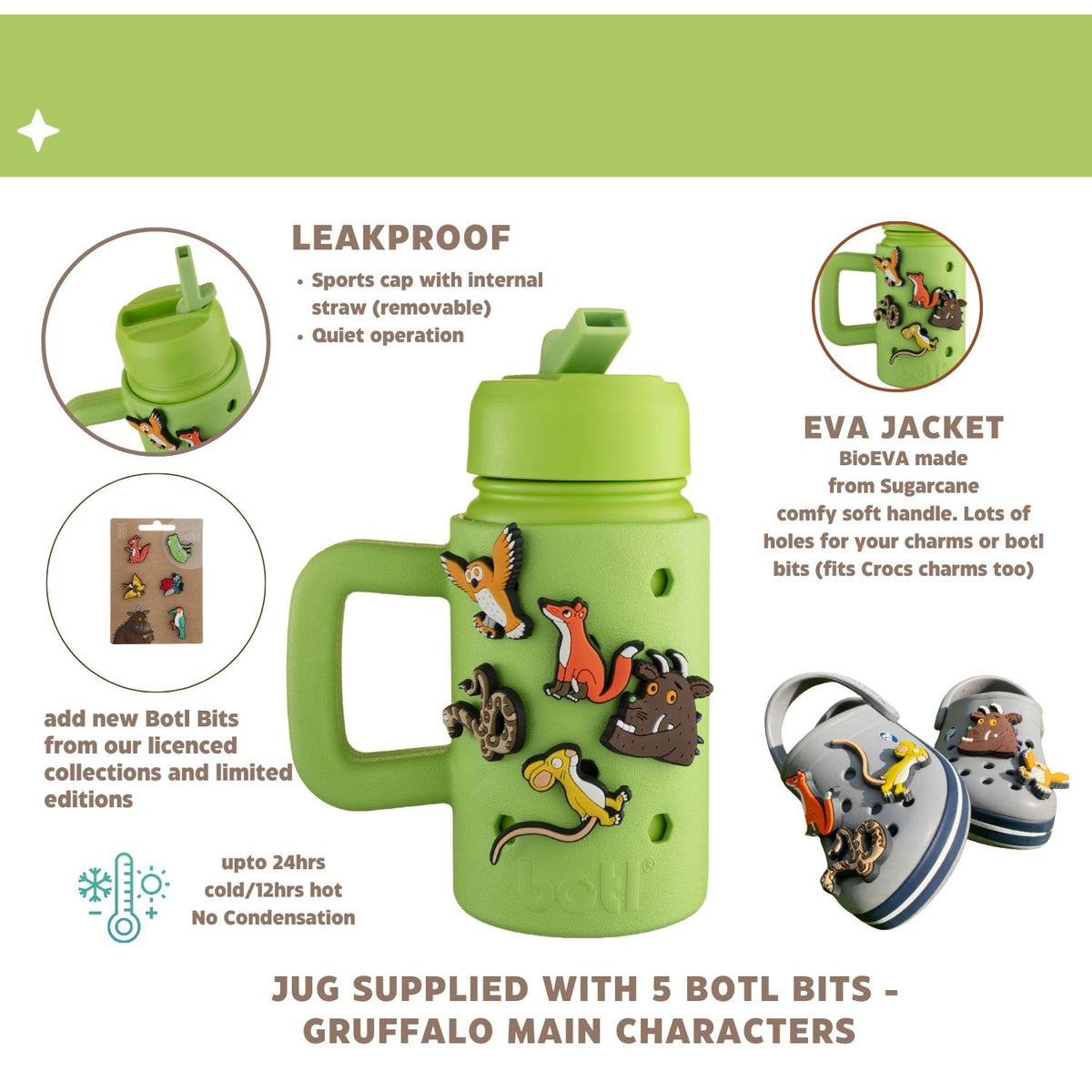 Personalised Gruffalo Green Epic Jug | 400ml Kids Water Bottle With Charms
