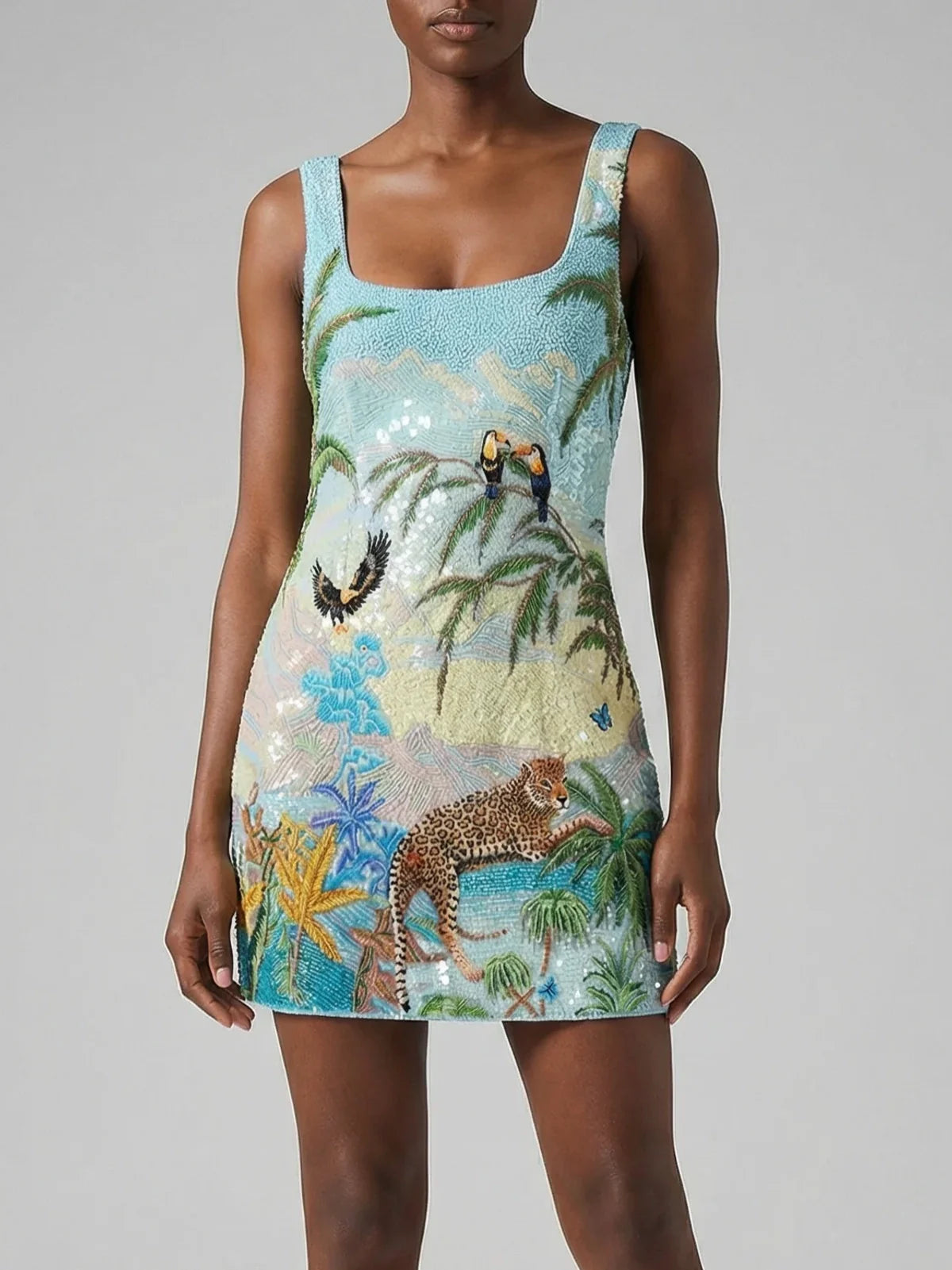 Paradise Safari Beaded Mini Dress – Blue