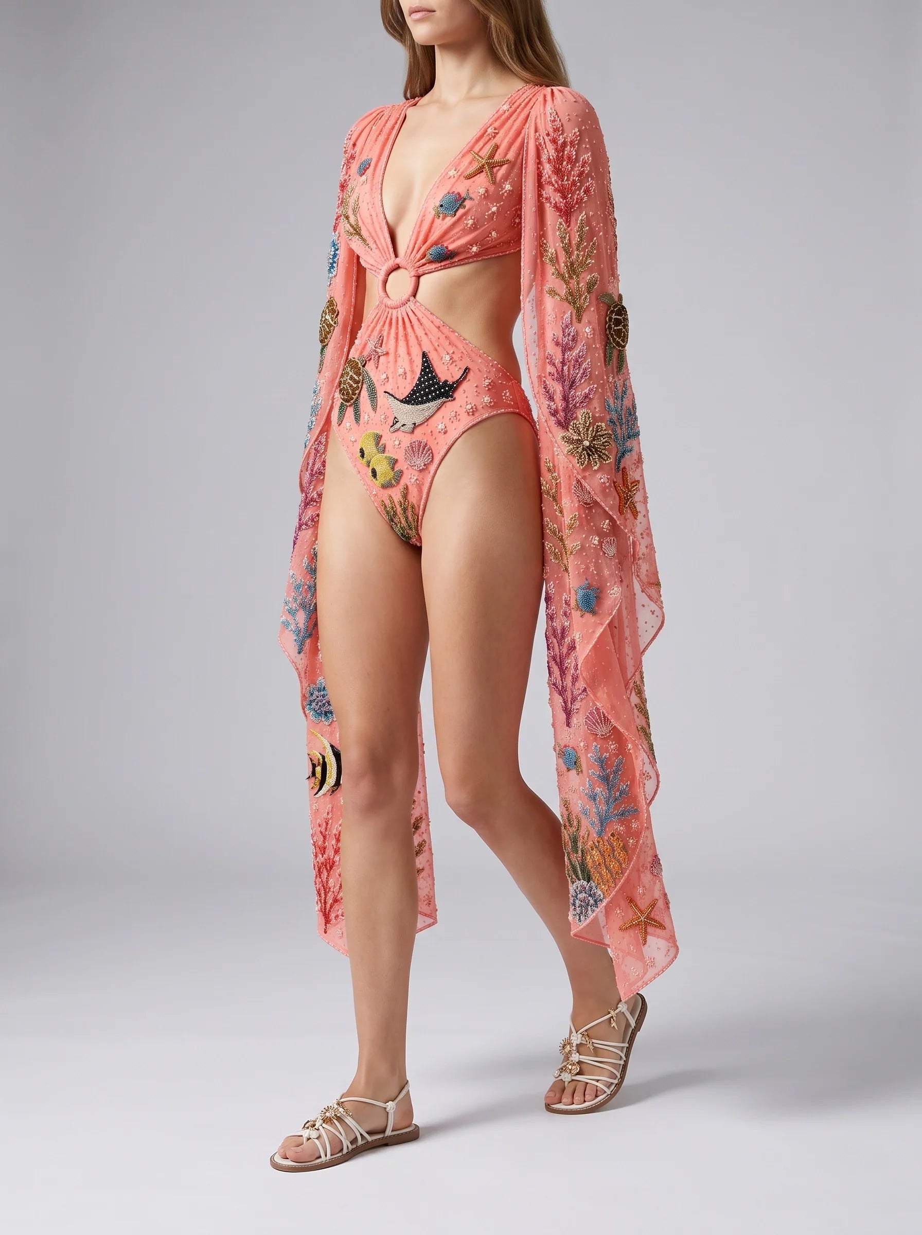 Seraphine Coral Multi Colour Embellished Bodysuit