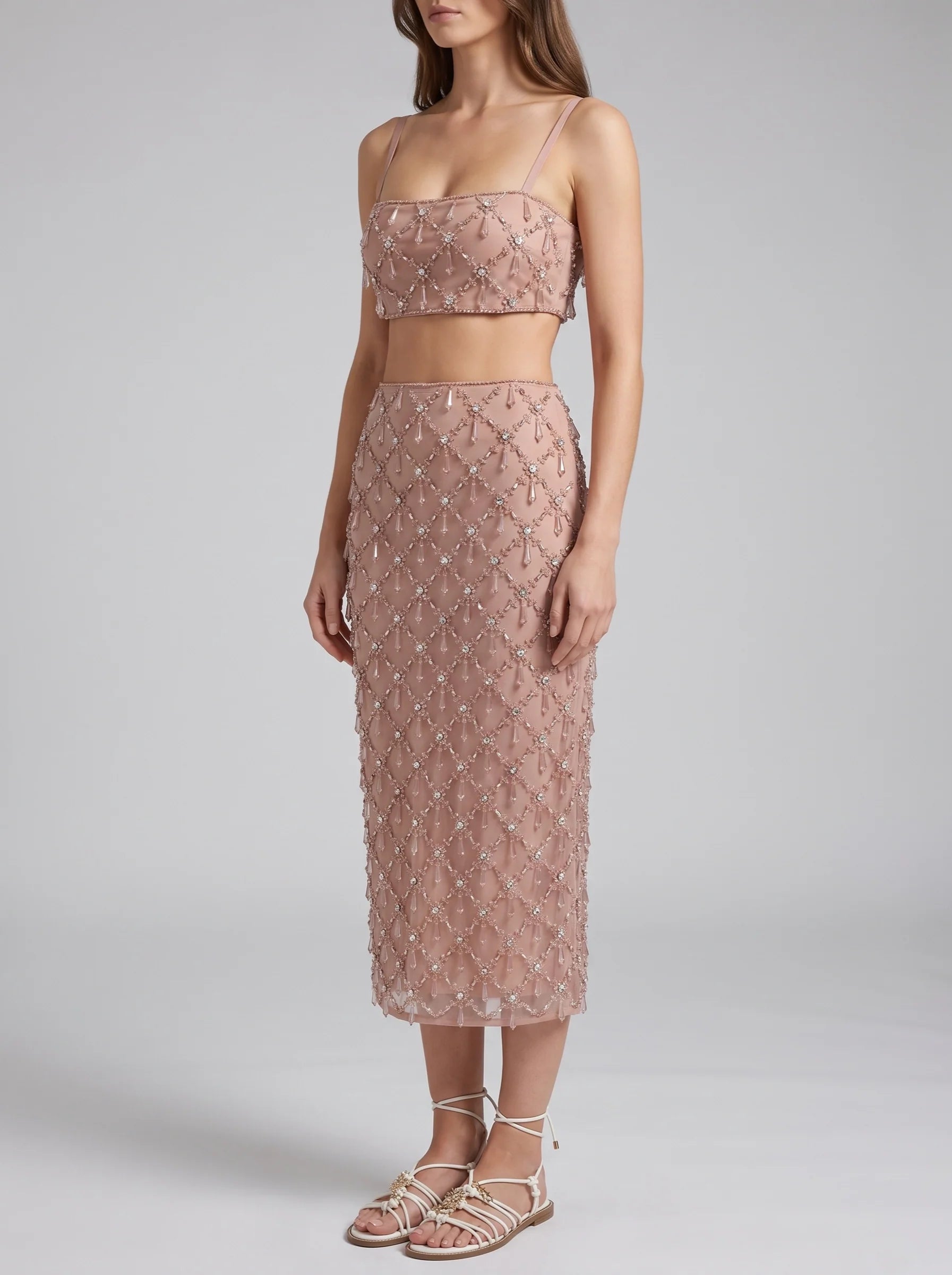 Calliope Luxury Crystal Co-Ord Skirt Nude
