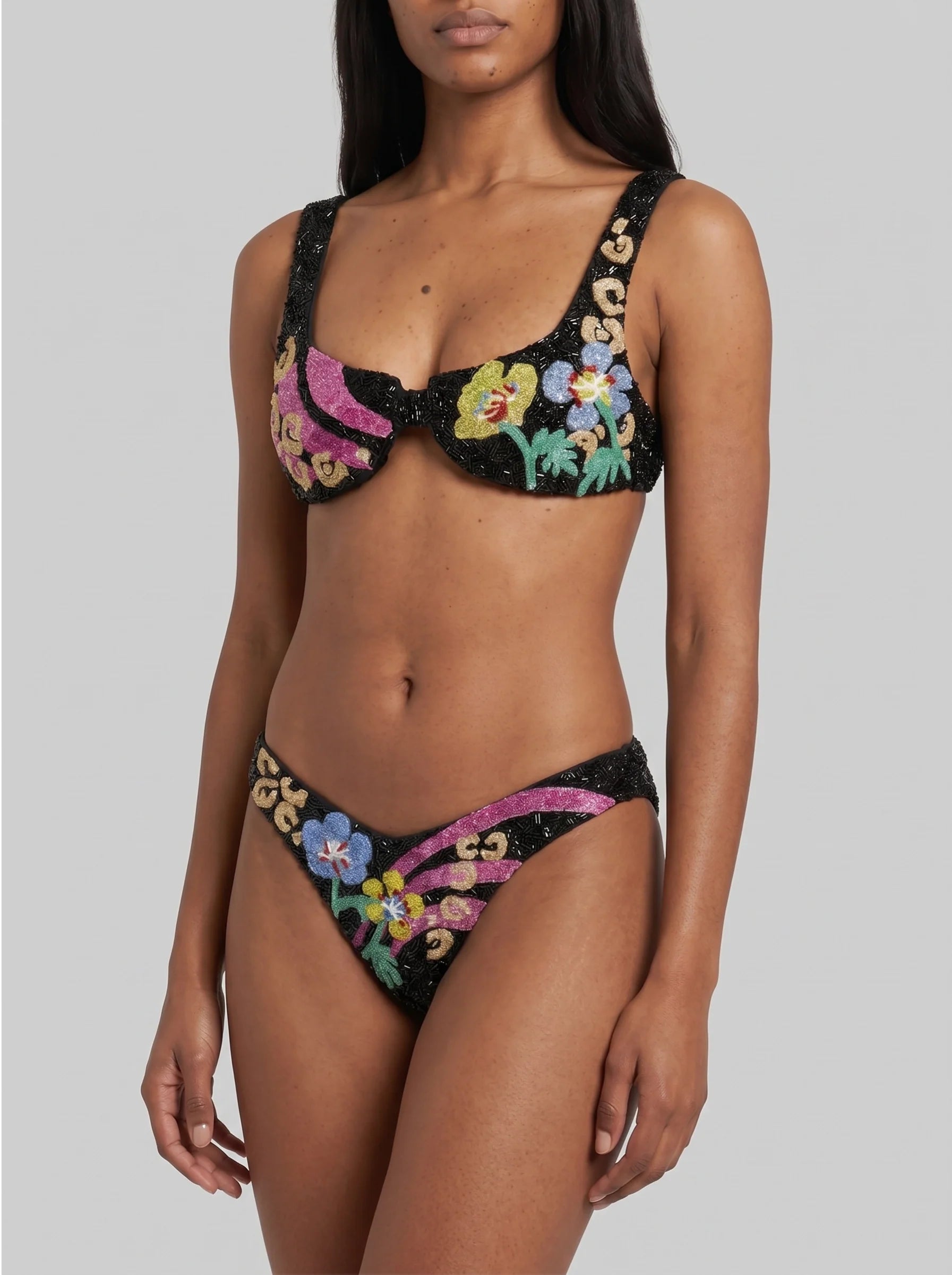 Colorful Flower Black Bikini Top in Stock