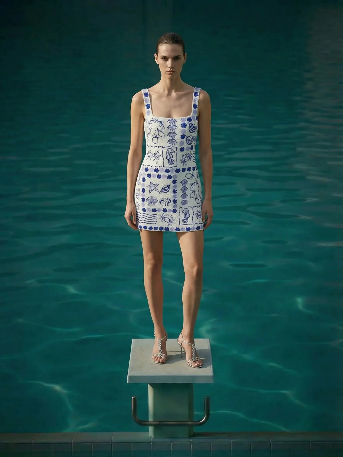 Marie Sea Dress White Blue Beaded