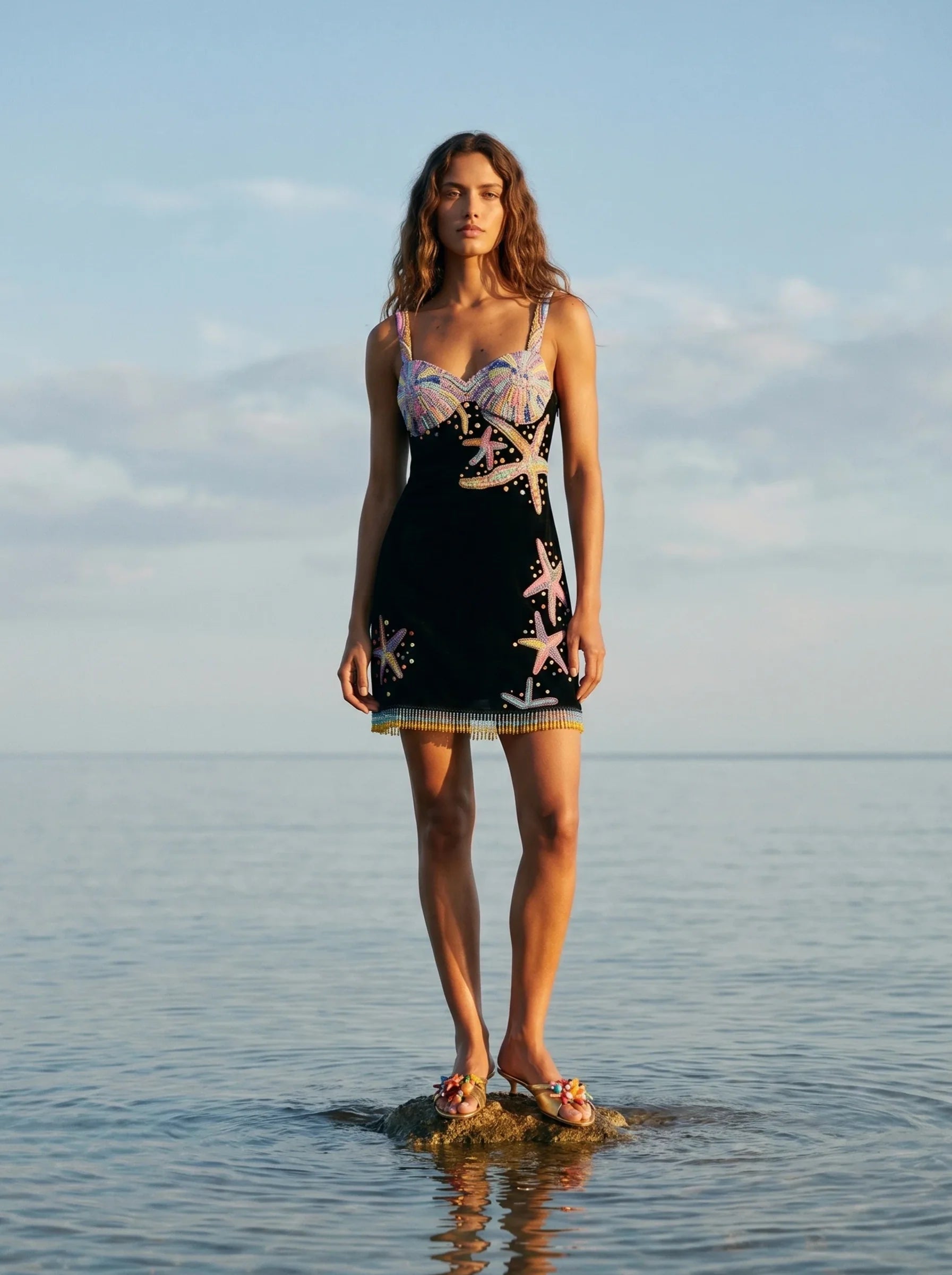 Tasseled Crescent Shell Mini Dress - Black in Stock