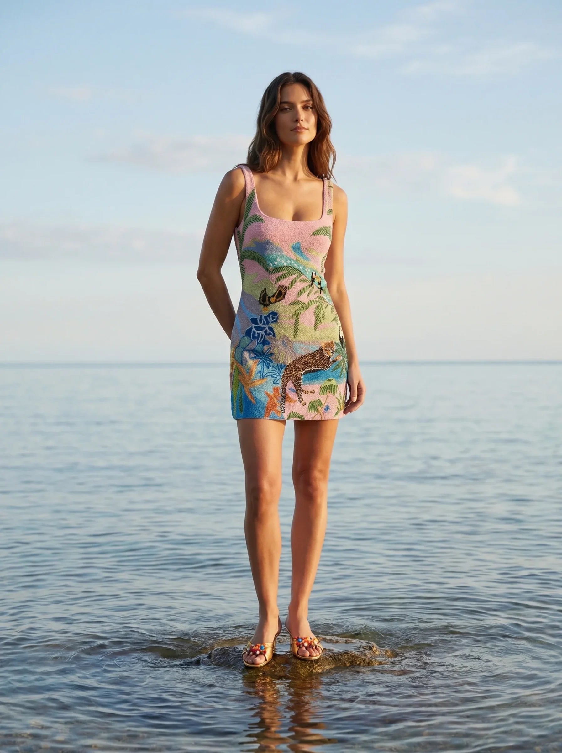 Paradise Safari Beaded Mini Dress – Blue