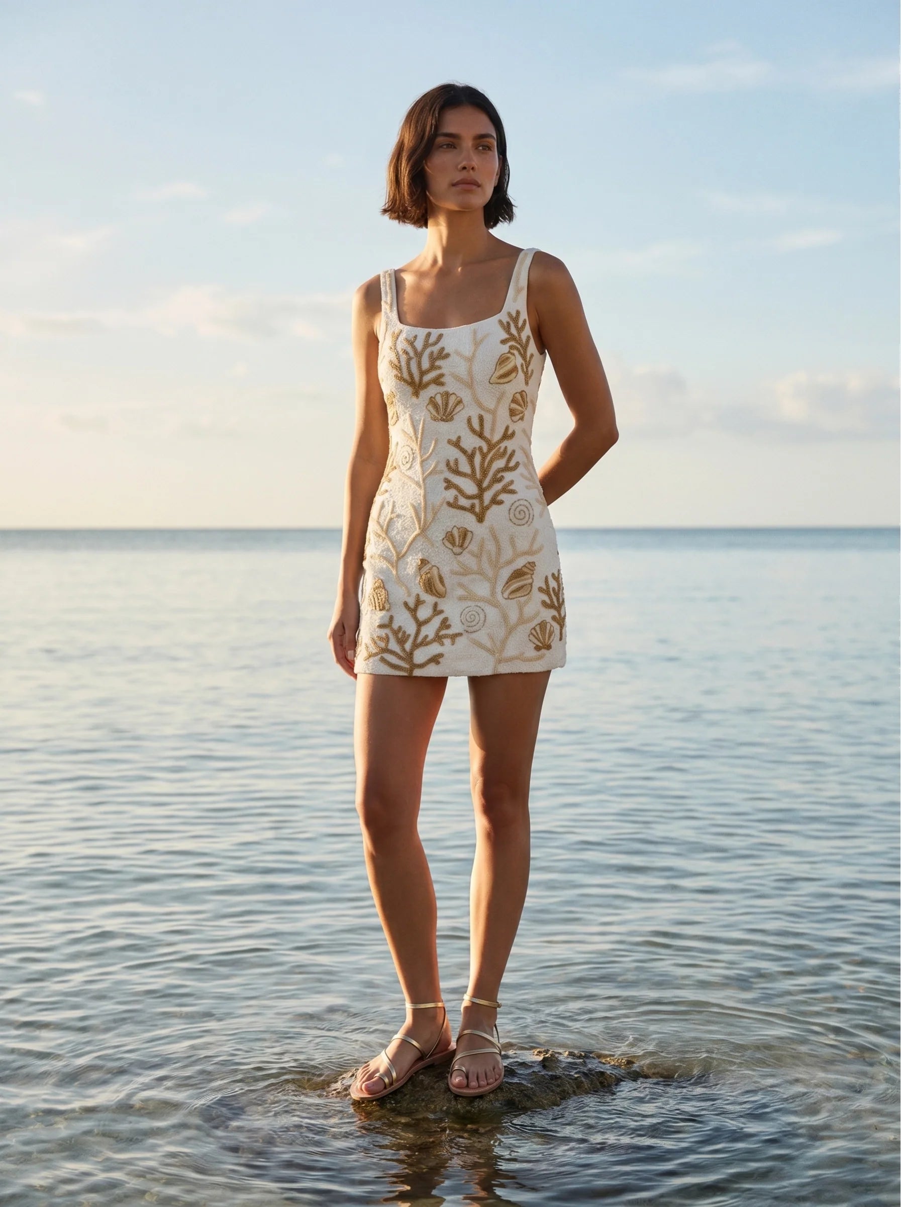 Ocean Treasure White and Gold Beaded Mini Dress