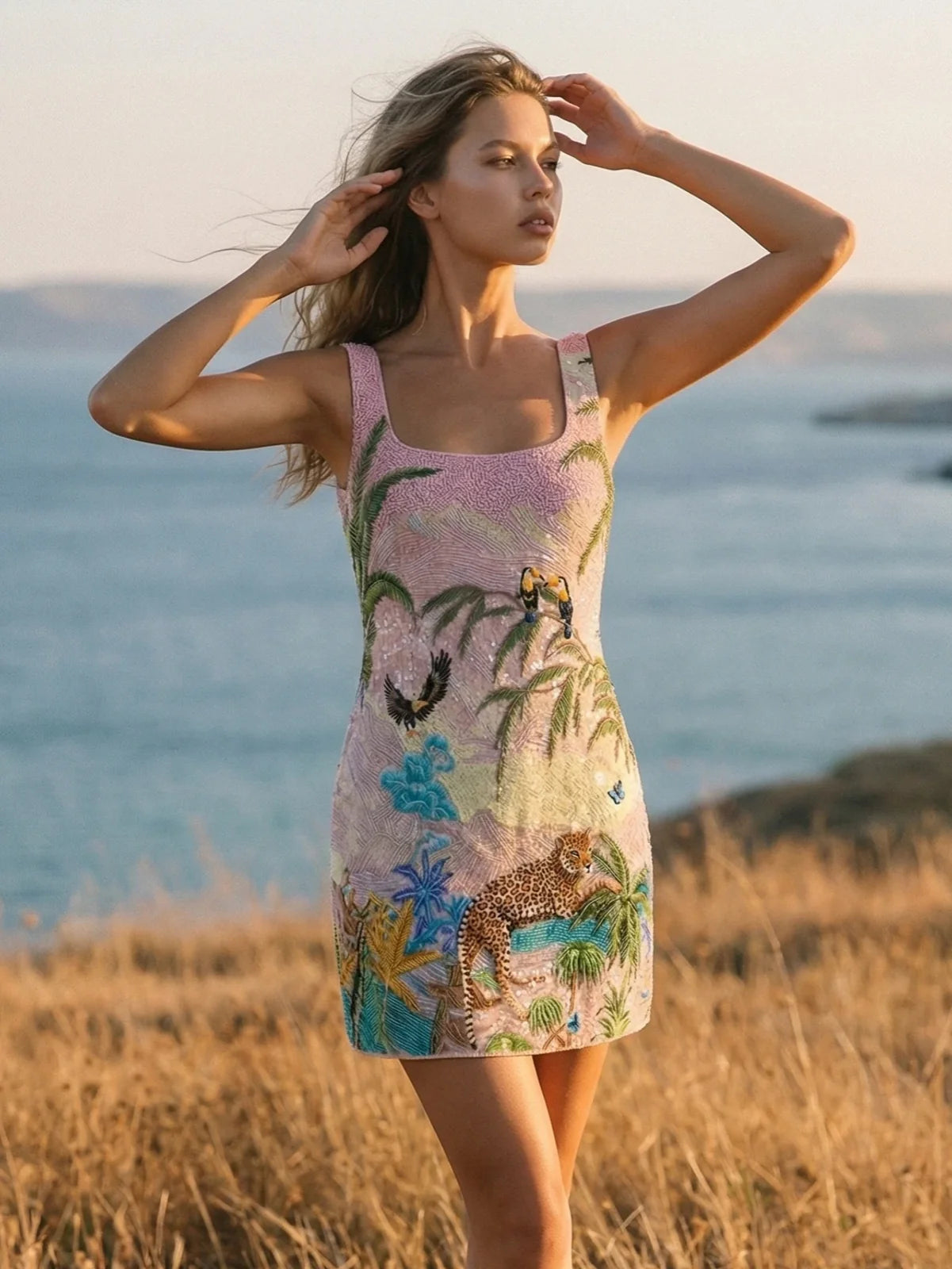 Paradise Safari Beaded Mini Dress – Blue