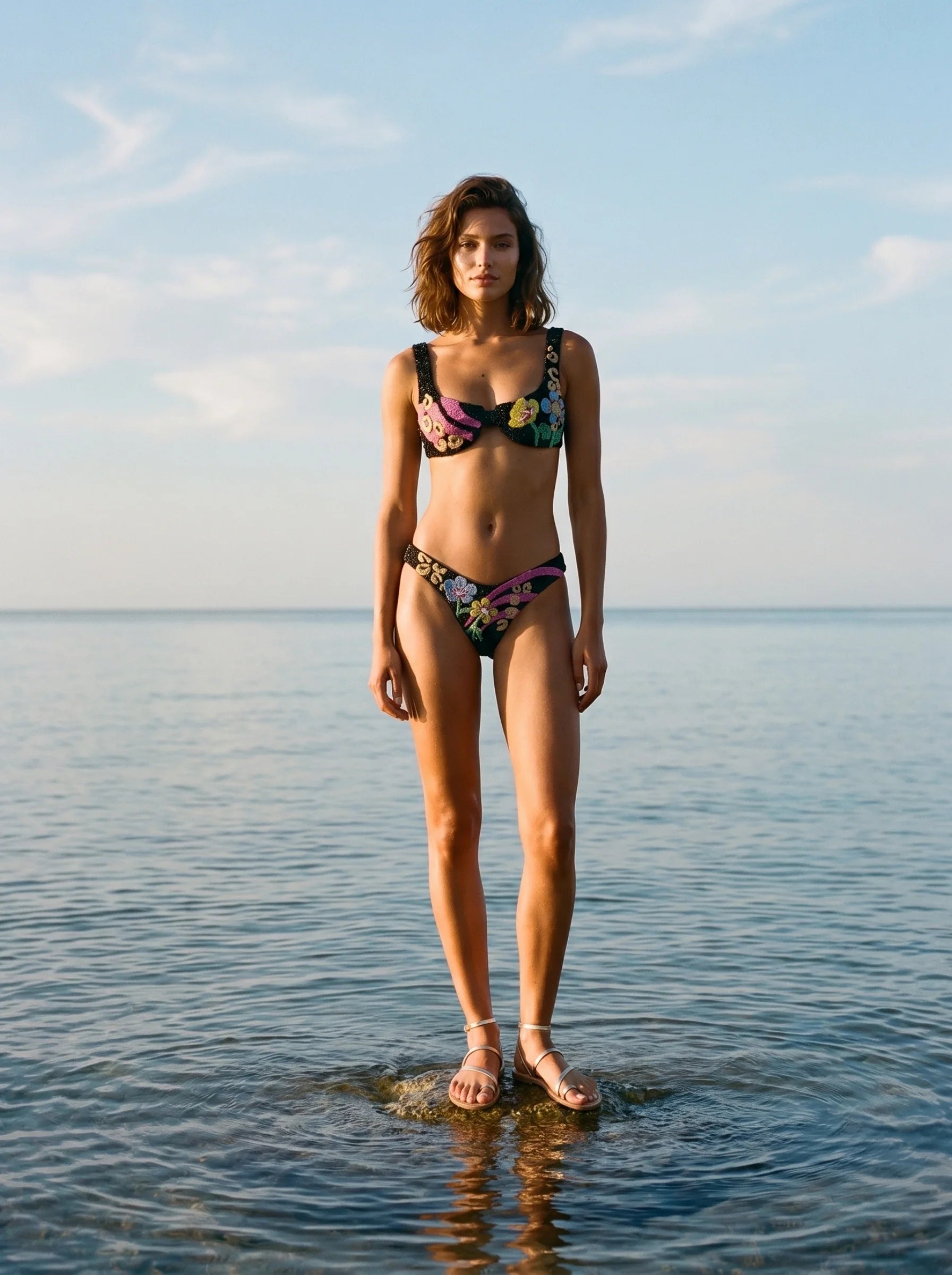 Colorful Flower Black Bikini Bottom in Stock