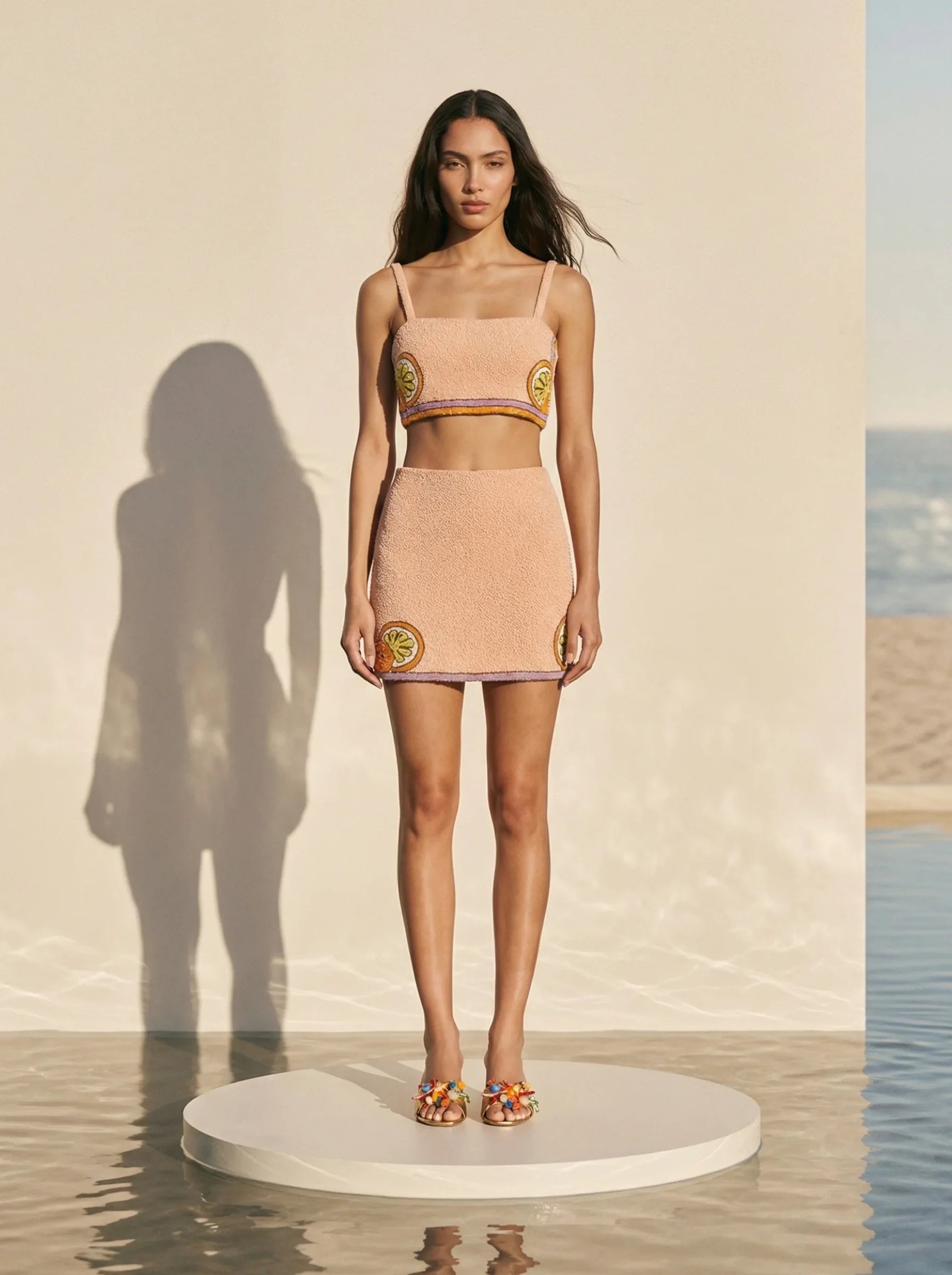 Melodie Co-Ord Hand Embroidered Crystal Top Peach