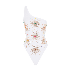 Callie One Shoulder Hand Embroidered Swimsuit White