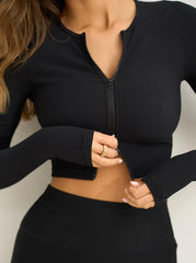 Alexa Ribbed Zipper Crop Jacket Black